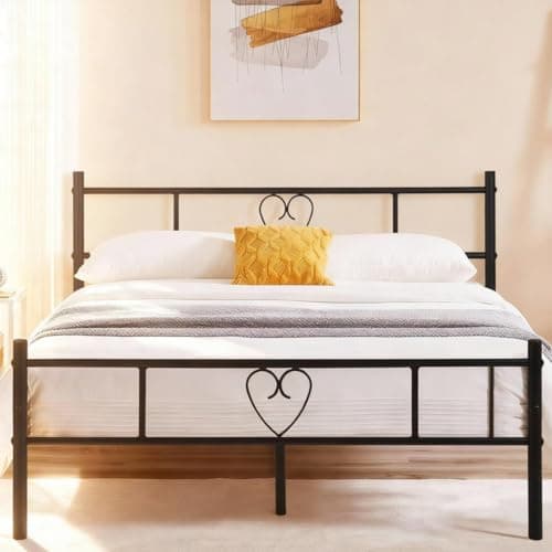 Image of buybyroom Double Metal Bed Frame, 4ft 6 Bed Frame with Headboard, Footboard and Solid Slatted Base, 80cm Height, Fit for 140 x 190 cm Mattress, Black