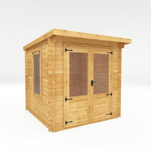 Image of WALTONS | Wooden Log Cabin 2.4m x 2.4m | Pent Roof | Garden Room | 19mm Interlocking Log Boards | Double Doors