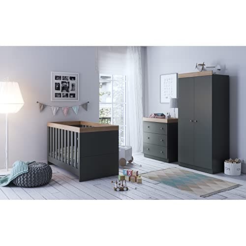 Image of Little Acorns Burlington 3 Piece Nursery Furniture Set | Cot Bed, 3 Drawer Nursery Dresser Chest with Removable Baby Changing Table and Double Wardrobe-Anthracite Grey & Oak