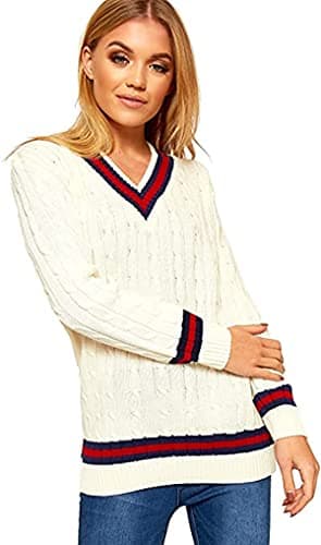 Image of New Ladies V Neck Cable Knitted Cricket Jumper Womens Stretch Long Sleeve Stripe Top Cream Size 12 – 14