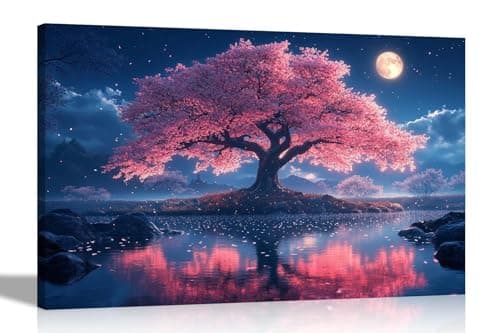 Image of Artley Prints - Cherry Tree Moon Light Lake Landscape Canvas Prints for Living Room Décor Wall Art Pictures Great Home Gift 30 x 20cm (12 x 8 inches) A4