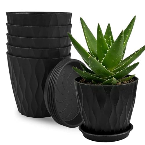 Image of TEYIAN 10cm/4-in Plant Pots Indoor 6 Pack Plastic Flower Pots with Drainage Holes and Saucers Modern Decorative Planters Succulent Indoor Outdoor Plants(Black)