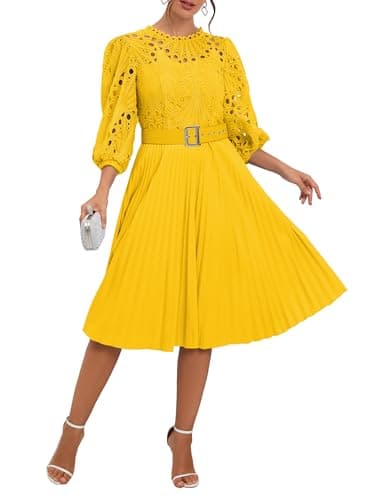 Image of IWFEV Lace Pleated Dress Puff Sleeve Mid-Calf Short Sleeve Midi Hollow Party Evening Dress XXL Yellow