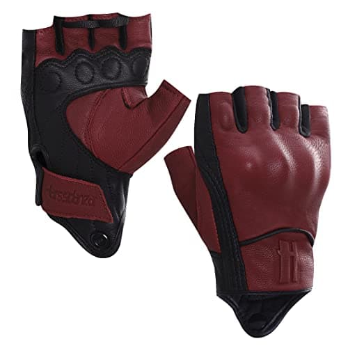 Image of Harssidanzar Mens Gloves Half Finger Goatskin Leather Motorcycle Gloves GM037UK, Oxblood/Black,Size L