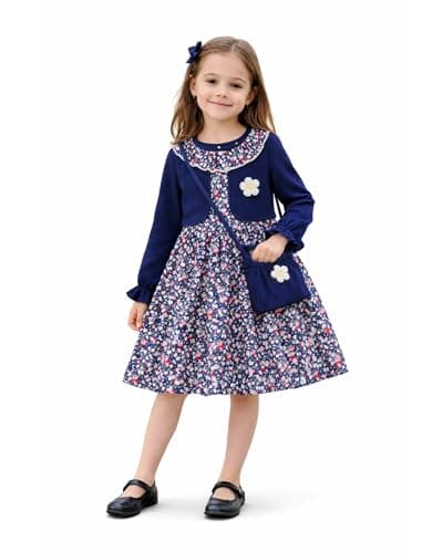 Image of Girls Dresses: 2-in-1 Ditsy Floral Long Sleeve with Crochet Flower & Mini Crossbody Bag - Perfect Party Dress for Kids, Girls Outfits & Clothing Sets, Ages 3-10 Years (Navy, 5-6 Years)