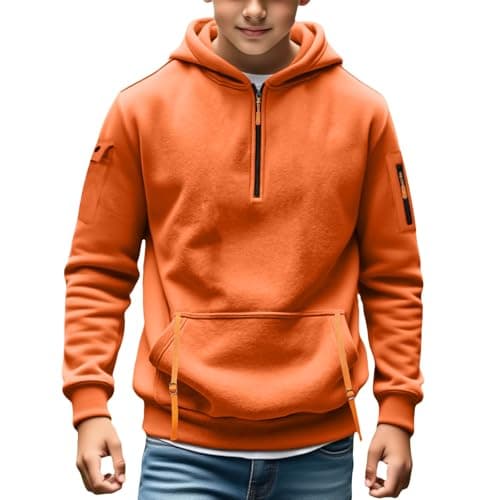 Image of Boys Quarter-Zip Oversized-Fit Hoodie Sweatshirt Pullover Cargo Hoodies for Teen Boys Tactical Sweatshirt Pullover Vintage Workout Running Active Hoodies with Pockets Toddler (Orange, 16-17 Years)