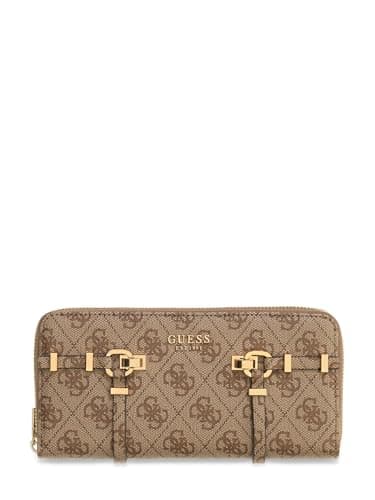 Image of GUESS Purse Leona Logo SLG Zip Around Wallet Latte Logo Light Brown