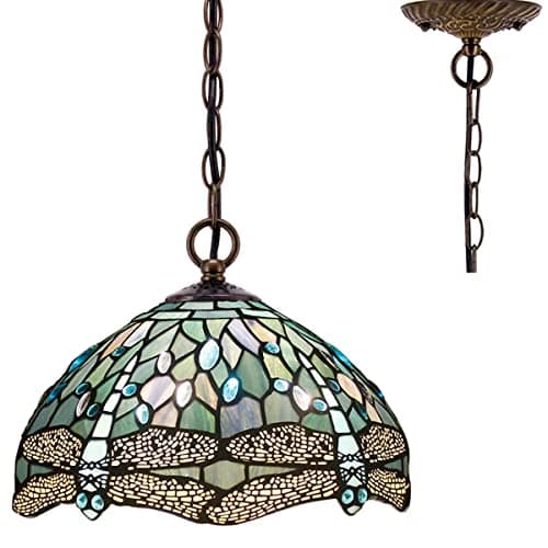 Image of WERFACTORY Tiffany Pendant Light Fixture Sea Blue Stained Glass Dragonfly Hanging Lamp Wide 12 Inch Height 32 Inch S147 Series