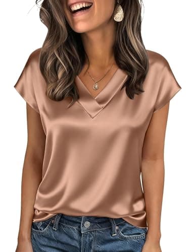 Image of ensswliz Women Silk Satin Tops Cap Short Sleeve Blouse V Neck Shirts Business Work Shirt Casual Going Out Outfits (A-Light Brown, M)