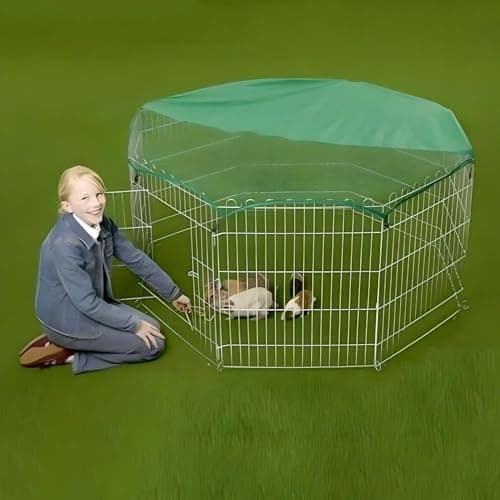 Image of Double Dragon Pet Playpen | Portable & Foldable Exercise Pen for Dogs & Small Animals | Galvanized Metal, Breathable Mesh, Water-Rust Resistant Base | Safety Net and Sun Shield Cover included (55inch)