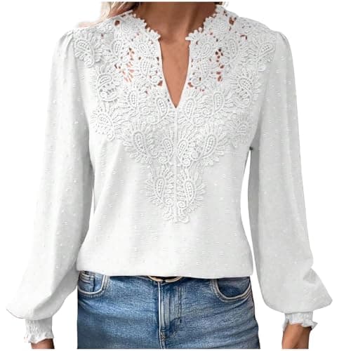 Image of HAOLEI Long Sleeve Tops for Women UK Elegant Petite Lace V Neck Blouse Shirts Plain Swiss Dot Tunic Tops Dressy Casual Outfits Work Y2K Clothes Going Out Tops Ladies Sale Clearance Size 8-16 White
