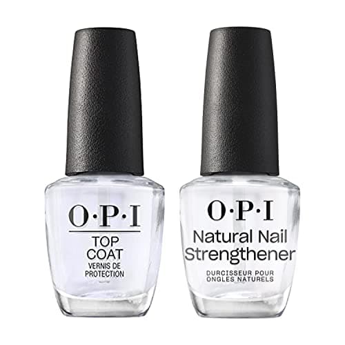 Image of OPI Nail Polish Top and Base Coat Set, Daily Strengthener and Base Coat Against Discolouration, For Thin, Weak and Damaged Nails, Clear Polish, 2 x 15ml
