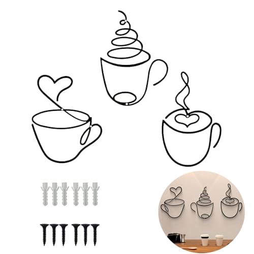 Image of AXXIMENG 3PCS Coffee Cup Metal Wall Art Simple Line Metal Wall Ornament Cafe Cup Silhouette Hanging Decoration Coffee Bar Signs for Living Room Kitchen or Cafe Modern Interior Decoration
