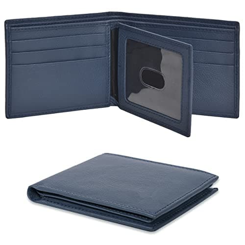 Image of Real Leather Bifold Wallet for Men - Wallets with 9 Credit Cards 1 ID Window Slim Minimalist Front Pocket Billfold (Blue)