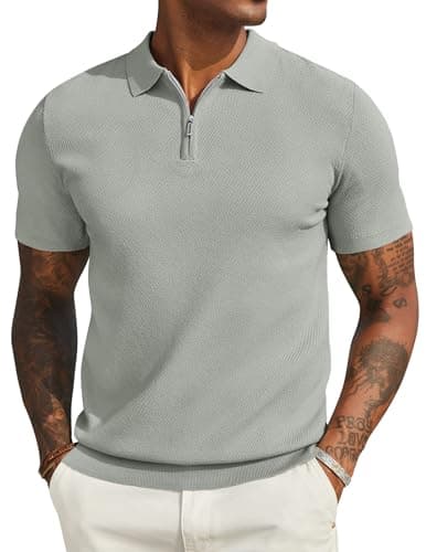 Image of COOFANDY Mens Polo T-Shirts Zip Knit Polo Golf Tops Short Sleeve Mens Tennis Tee Light Green L