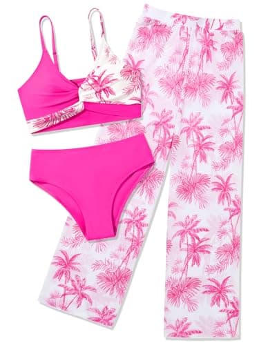 Image of ESHOO Girls 3 Piece Bikini Sets Teen Girls Swimming Costume Criss Cross Swimsuit with Beach Cover Up Pants Size 9 10 11-12 12-14 15 16 Years Pink