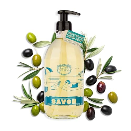 Image of Panier des Sens - Marseille Liquid Soap Olive 490ml - Limited Anniversary Edition - Made in Marseille - 98% Natural Origin Ingredients - Refillable Glass Bottle