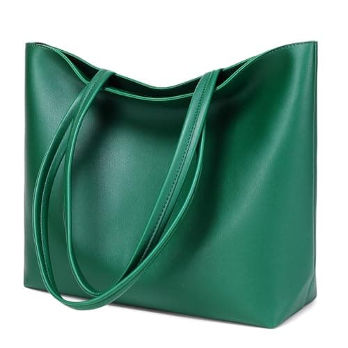 Image of MEEGIRL Ladies Tote Bags Simple PU Leather Handbags Work School Shopping Bags for Women with Zip and Inner Pocket (Dark Green)