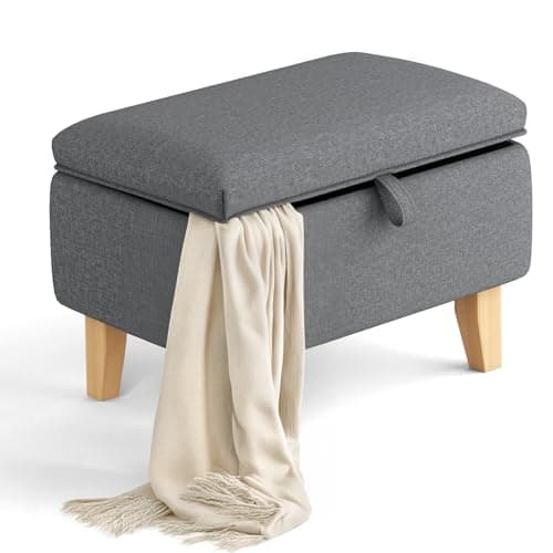 Image of INMOZATA Linen Ottoman Footstool Upholstered Footstool with Storage Pouffe Stool Storage Stool Change Shoe Footrest Wooden Legs for Living Room Bedroom Dark Grey