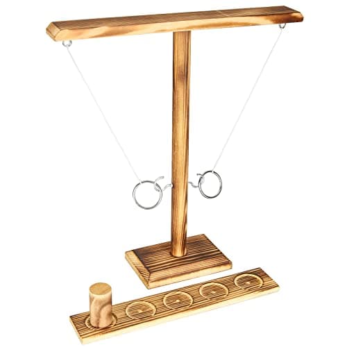 Image of AKOLAFE Hook and Ring Toss Game 30CM Wooden Ring Swing Games for Adults, Large Shot Game with Shot Ladder Bundle, Handmade Dark Brown Wood Games for Family & Party