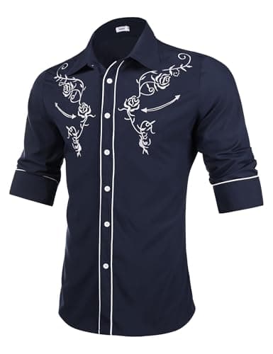 Image of Sykooria Men's Cowboy Shirts Long Sleeve Floral Embroidery Western Shirts Vintage Casual Regular Fit Button Down Shirts, Denim Blue XXL