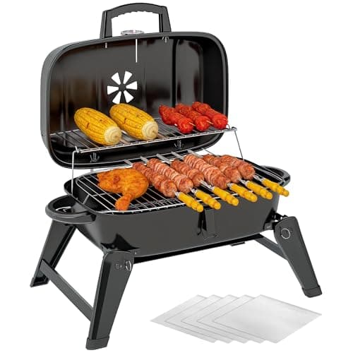 Image of Outsunny Charcoal Barbecue Grill Folding Portable BBQ Grill for Camping with 1232 cm² Cooking Area, Adjustable Vent, Thermometer, Handles for Picnic, 59 x 37 x 36 cm, Black