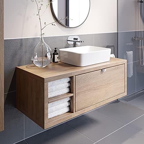 Image of Vitusso® 1100mm Bathroom Vanity Unit Countertop Basin Sink Wall Hung Drawer Unit with Shelves Storage Oak Wood, Croix White Basin LH Shelves