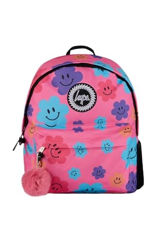 Image of hype Girls Backpack, Pink with Happy Flowers in Pink, Blue & Purple, School Bag for Kids, Comfortable Rucksack with Bottle Holder, 3 Storage Compartments, Padded, Adjustable Straps & Grab Handle