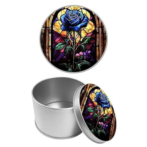 Image of SROJDHFJB Round Metal Tin Container with Removable Lid, Blue Glass Rose Durable Metal Storage Box for Cookies Spices Tea Candies Cakes Jewelry Cosmetics 3.54 x 2.36 inch– Single Pack