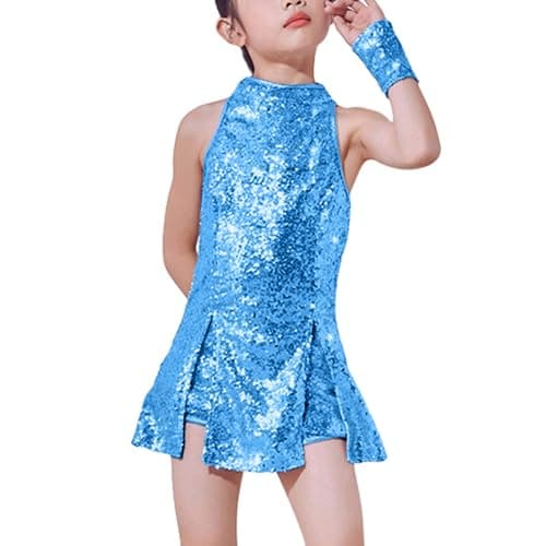 Image of LOLANTA Girls Sequins Jazz Dance Costume Child Sparkle Mini Dress Hip Hop Dance Clothes Set Top+Pants+Socks, SkyBlue, 12-13 Years, 170