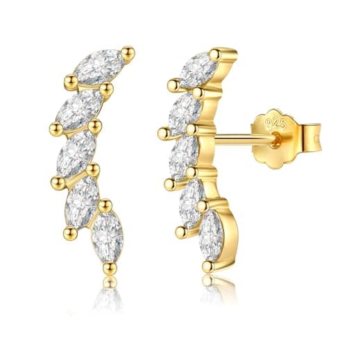Image of Silver Stud Earrings for Women Girls, Sterling Silver Ear Curve Climber Studs, Hypoallergenic Cubic Zirconia Stud Earrings, Jewellery Gifts for Birthday Valentines