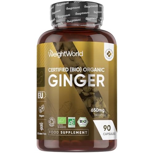 Image of WeightWorld Organic Ginger Supplement | 650mg Vegan Ginger Capsules per Serving | 90 Capsules | 1 a Day Supplement | Gluten-Free | Soil Association Certified Zingiber Officinale Root Powder