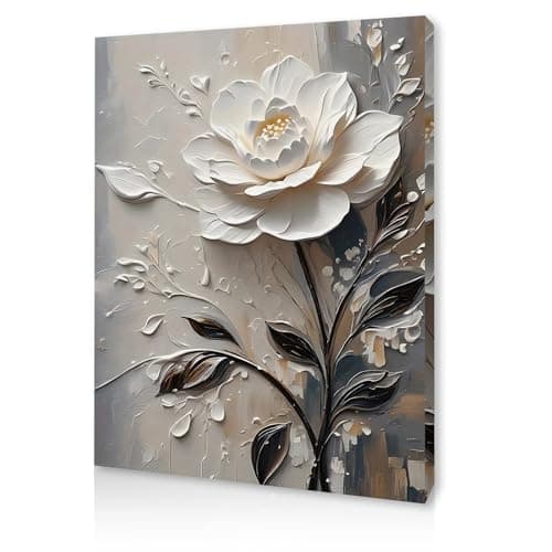 Image of Qiukoo Wall Art Framed Canvas – 3D White Floral Textured Painting for Bedroom Decor, Elegant Canvas Wall Art for Living Room, Hallway, or Office with Pre-Mounted Frame and Hanging Hooks, 16 x 20 inch