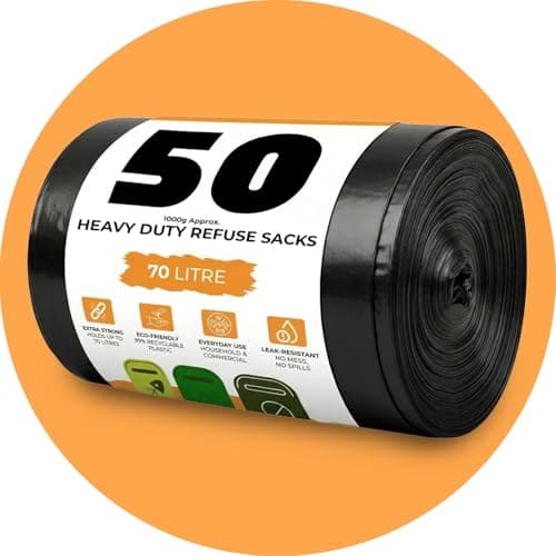 Image of Roe Tenpo 50 Pack Bin Bags - 70L, 30 Microns Bin Liners, Strong & Durable, Tear Resistant Refuse Sack, Black Bin Bags for Everyday Use, Household & Commercial Use