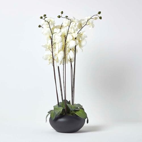 Image of HOMESCAPES Large Oriental Style Cream Orchid with Silk Flowers in Black Round Planter Pot 79 cm tall - Artificial Flowers and Plants for Indoor Decoration