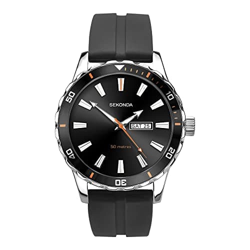 Image of Sekonda Unisex Ladies & Mens Watch – 40mm with Black Dial, Day-Date Display and Rubber Strap – 50m Water Resistant Men's & Womens Watch – 2 Year Warranty