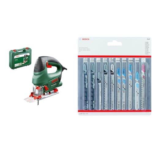 Image of Bosch Home and Garden Jigsaw PST 800 PEL (530 W, in case) + 10-Piece Set Jigsaw Blades Set (for Wood and Metal, Accessories for Jigsaw with T-Shank mounting)