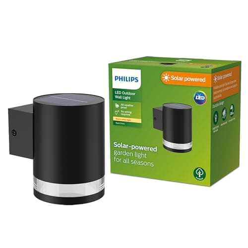 Image of Philips Outdoor Solar Fyce Wall Light 1.5 W Daylight Sensor 2700 Kelvin IP44 Weatherproof Black 121 mm