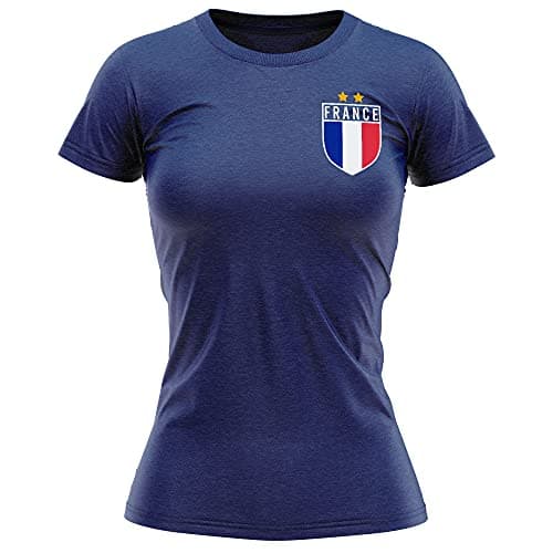 Image of France Shirt Football - Womens France Flag Badge T Shirt - Football Country European Supporters 2020 Retro Tee Her - French Tournament 2021 Footy Soccer Top, L, Navy