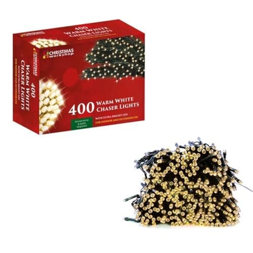 Image of The Christmas Workshop 76180 400 Warm White LED Chaser Christmas Lights/Indoor or Outdoor Fairy Lights / 27.9 Metres / 8 Light Modes/Great for Christmas, Weddings & Gardens