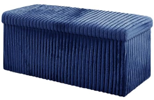 Image of Home Republic Corduroy Ottoman Storage Box – Foldable Footstool with Lid – Soft Toy Chest Bench for Kids Room, Nursery, Bedroom or Living Room (Navy Blue, 76 x 38cms)