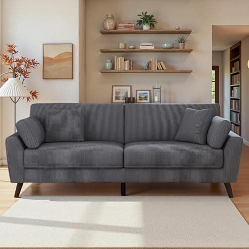 Image of LUXOAK 3 Seater Sofa 220cm Deep Seat Corduroy Couch, Modern High Leg Design, 56cm Seat Depth for Extra Comfort, Upholstered Fabric Sofa for Living Room, Grey