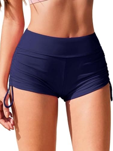Image of Ekouaer Women Swim Shorts High Waisted Adjustable Ruched Side Tie Bikini Bottoms Swimsuit Board Boy Shorts for Ladies,Navy Blue,S