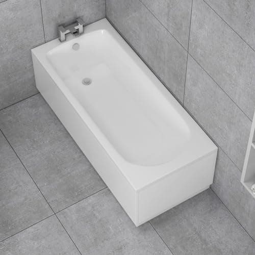 Image of 1700 x 700mm Single Ended Straight Bath with Front and End Acrylic Bath Panels for Bathroom, Baths Soaking Tubs, White Gloss - Round