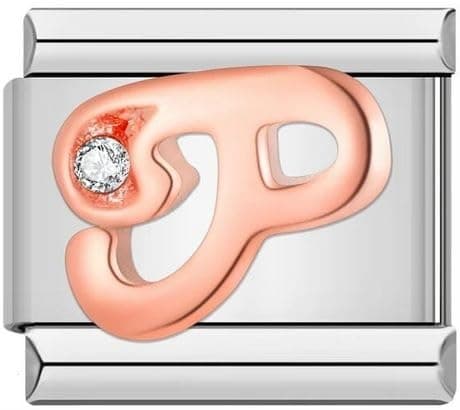 Image of Mon & Sons A - Z Rose Gold Crystal Letter Initial Name Alphabet Personalised Birthday Charm Silver 9mm Italian Link Compatible With Modular Bracelet (P Rose Gold)