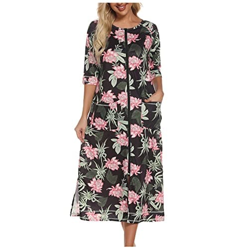 Image of NSICBMNO Black Floral Dressing Gown Women Lightweight Bathrobe Ladies Long Zipped Bathrobes Nightwear 3/4 Sleeve Nightdresses Nightgown Zip Up Housecoats Round Neck Cardigans Bath Robes Sleepwear