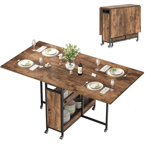 Image of HSH Dining Table Mobile Drop Leaf Desk Wooden Metal Extendable Folding Table with Storage Shelves and Wheels, Space Saving Extending Kitchen Table for Dining Room, Rustic Brown, 130×80cm