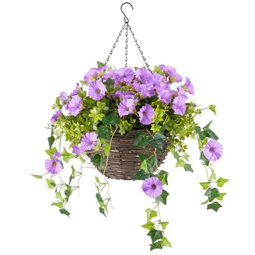 Image of CHRISTOW Artificial Petunia Hanging Basket – Ready to Hang Wicker Garden Planter with Purple Flowers, Gypsophila & Ivy, UV-Resistant PE Leaves, Pre-Fitted Triple Steel Chain, 30cm Basket Diameter