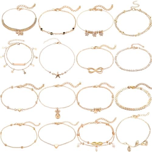 Image of 16Pcs Anklet Set - Adjustable Anklets for Beach & Surfer, Gold & Silver Heart Star Turtle Ankle Chains for Women & Girls