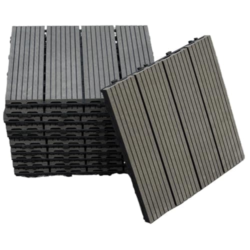 Image of Gr8 Garden 11 Piece Wooden Stripe Effect WPC Composite Classic Interlocking Floor Decking Tiles Outdoor Patio Garden Lawn Balcony Floor Play Area Deck Terrace Set (Black)